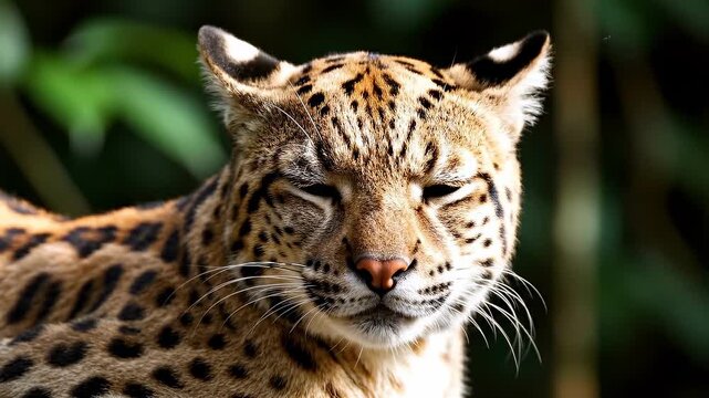 Close up portrait of a leopard with spotted fur and intense eyes in a natural green forest setting.