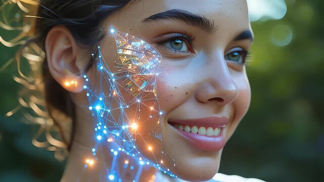 Close up portrait of smiling young woman with glowing blue and gold digital mesh network on her skin