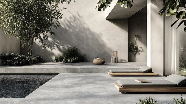 Modern outdoor lounge area with comfortable sunbeds, swimming pool, and elegant design.