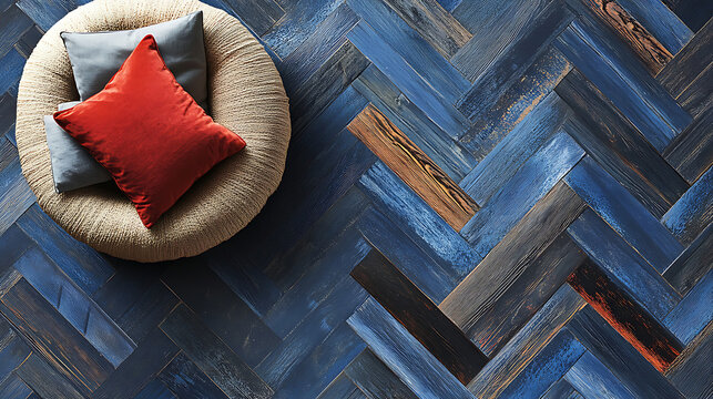 Rustic blue herringbone wood flooring with stylish accent chair and natural decor.