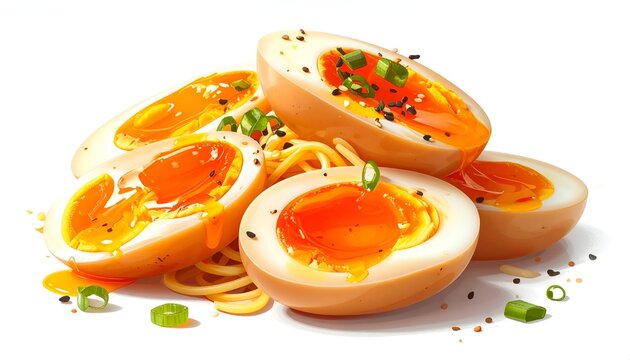 Halved soft-boiled seasoned ramen eggs ajitsuke tamago with runny golden yolks and scallions