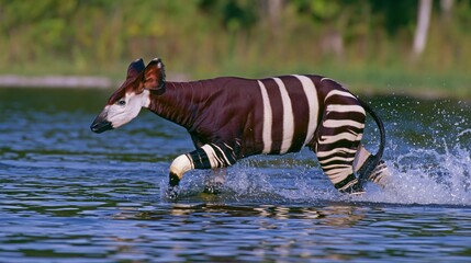Naklejka premium Okapi Running Through Water Body