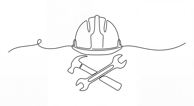 Minimalist hard hat line art, construction tools icon, industrial safety helmet drawing