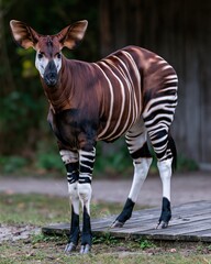 Naklejka premium Okapi Standing On Wooden Platform Outside Green Foliage With White Vertical Stripes