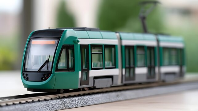 A detailed green and white miniature tram model on track with blurred natural background under soft lighting