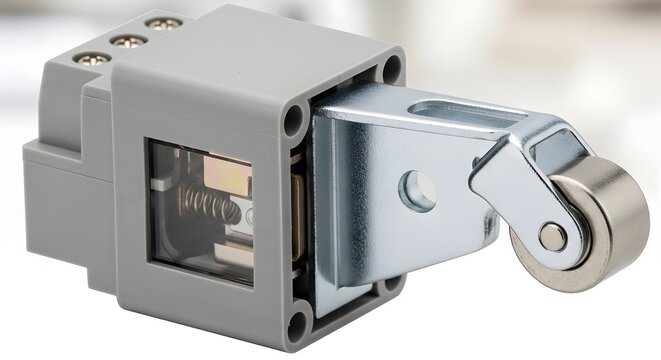 Industrial roller limit switch with metal lever and terminal block in soft focus background
