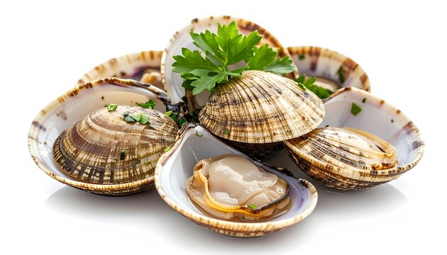 Fresh raw sea clams and oysters on open shells garnished with green parsley on white plate
