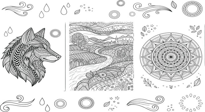 Detailed Zentangle Vector Set Featuring Ornate Wolf Head Landscape Scene and Circular Mandala for Coloring Book Designs