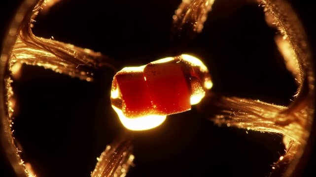 Close-up view of a glowing electronic component transitioning through different positions, showcasing intricate wiring and luminous details in a dark environment