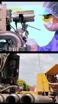 Diverse Industrial Workers and Engineers Multi Screen Animated Video of Various Professionals in Protective Gear. Global workforce montage showcases multiethnic manufacturing, building and tech teams.
