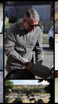 Crude Oil Production and Fuel Cost Collage With Man Refueling Vehicle. This multiscreen video integrates global oil production with consumer financial stress through a synchronized split screen layout