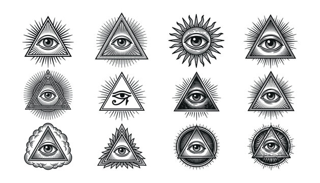 All seeing eye of providence mystic occult symbols set with eye in triangle masonic and illuminati emblems