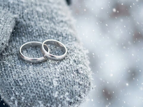 Wedding rings resting on knitted glove, sprinkled with snow on winter day, symbolizing love and commitment.