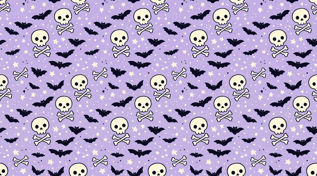 Halloween Skulls and Flying Bats Seamless Background
