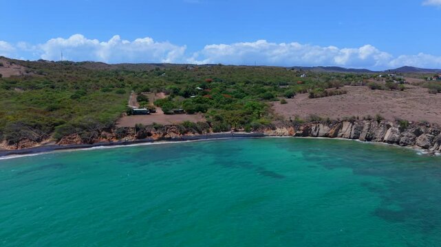 Playa Negra With Volcanic Black Sand Beach On Vieques Island, Puerto Rico, Central America. Aerial Shot