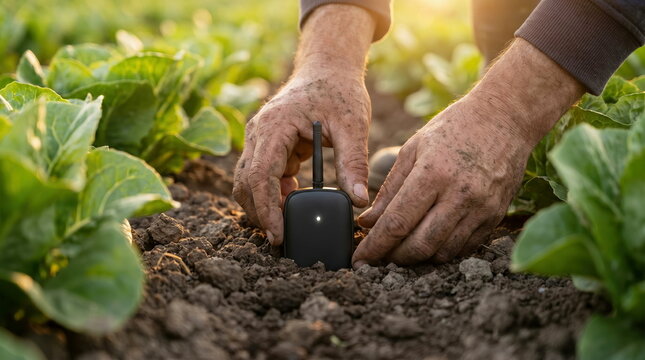 Smart farming installing soil sensor in green vegetable field for precision agriculture management.