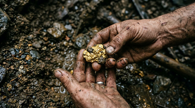Hands holding raw gold nuggets in dirt.