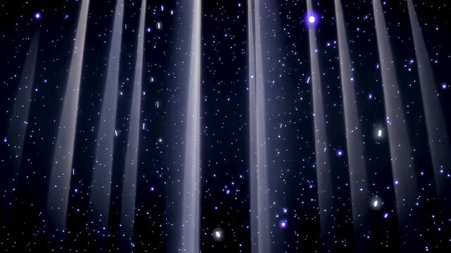 Bright beams of light shine through a dark space filled with glowing particles, creating a mesmerizing visual effect in a cosmic atmosphere