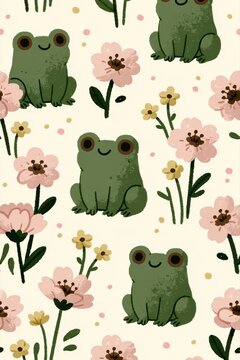 Seamless pattern cute green frogs and pink flowers vector for textile design