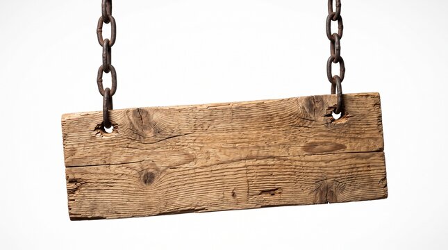 Blank rustic wooden sign hanging on metal chains isolated on white background