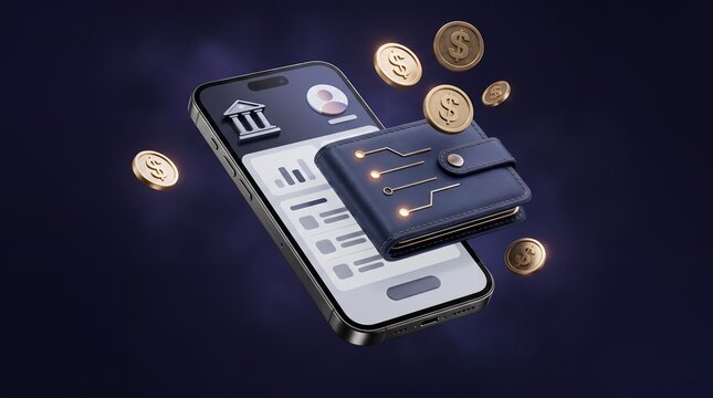 Smartphone with digital wallet cash and floating gold dollar coins in purple blue lighting