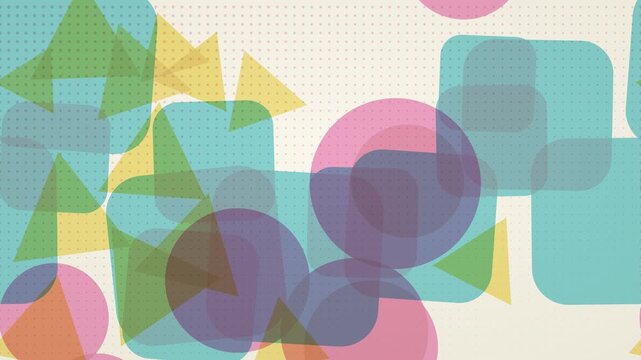 vibrant abstract background of overlapping transparent geometric shapes with retro halftone background