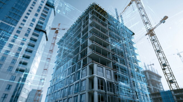 建設中の高層ビルとデジタルツインを融合した建設DX・スマート建築のイメージ