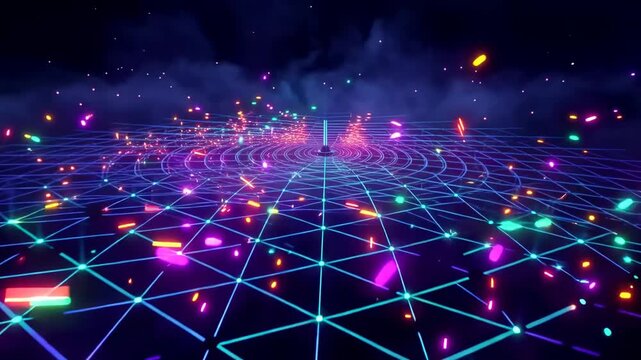 Colorful particles and lights swirl around a central point in a vibrant digital space, creating a mesmerizing visual effect over a dark background