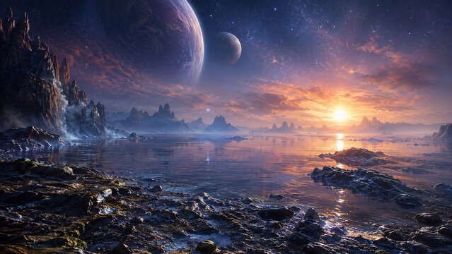 Tranquil Alien Ocean World at Sunrise With Giant Planets and Rocky Extraterrestrial Coastline