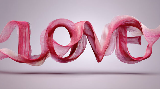 Abstract pink ribbon forming the word love on a soft light background for romantic concepts.
