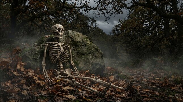 Eerie Skeleton Rises From Autumn Leaves In Dark Forest.