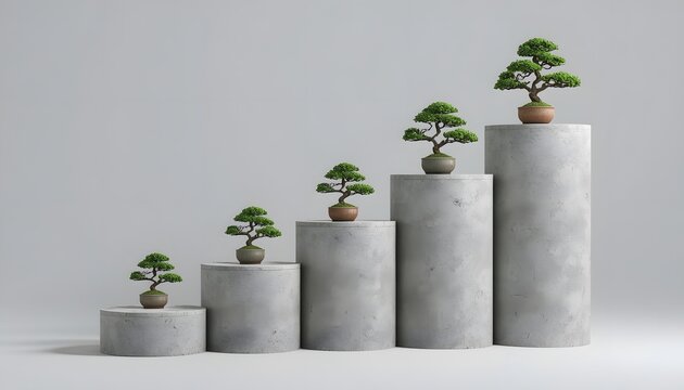 Business growth strategy success steps showing rising plant arrows on upward trending cylinder podiums
