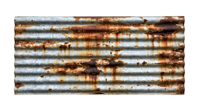 A weathered piece of corrugated metal sheeting with prominent orange rust