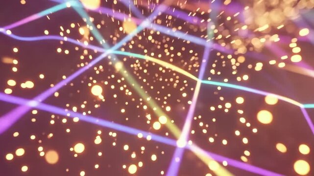 Colorful glowing particles move across a dynamic grid surface, creating a mesmerizing visual effect in a vibrant digital environment with a futuristic feel