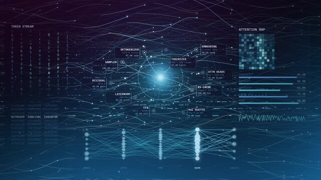 An intricate AI neural network glows with pulsing nodes and live metrics, illustrating machine learning infrastructure for tech advertising and corporate innovation reels.