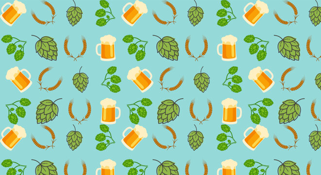 Beer and hops seamless pattern, Oktoberfest brewing background, Craft beer vector texture, Wheat and beer mug wallpaper