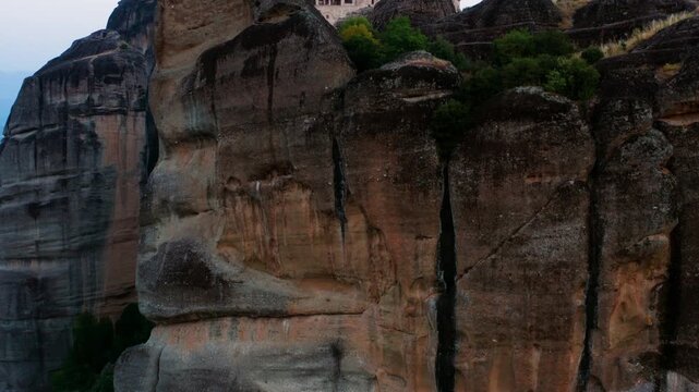 Aerial View Of Monastery of Varlaam And Monastery of Great Meteoron In Meteora, Greece. - ascend reveal shot