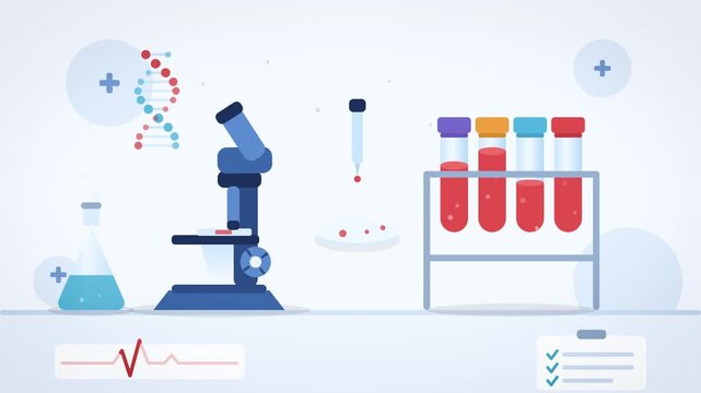 Flat-style lab illustration shows a microscope, DNA strand, and blood vials on a clean workspace, perfect for healthcare marketing and medical research presentations
