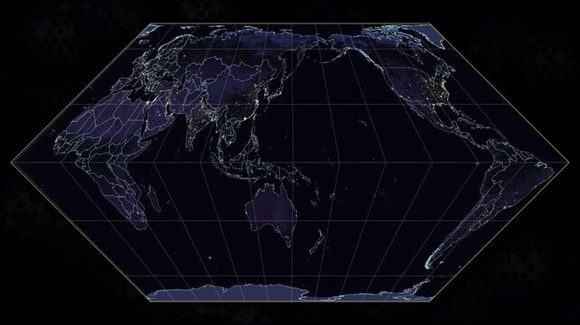 Eckert 2 projection world map animation. Earth rotates with glowing city lights at night. Cyan and white country borders with amber latitude lines. Animated hexagonal background. Seamless loop.