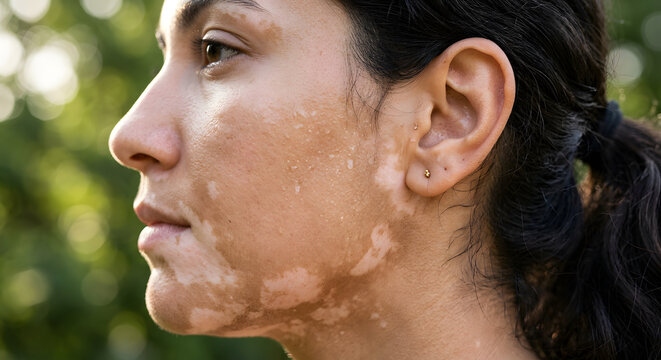 Vitiligo skin condition, depigmentation patches on woman's face, natural outdoor lighting, close-up profile portrait, diverse beauty, skin diversity, medical condition awareness, human health