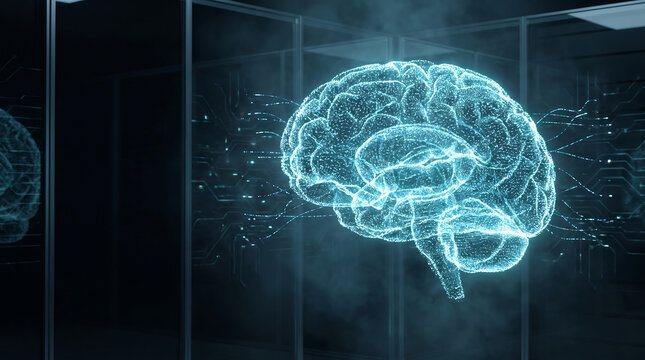 A holographic human brain depiction glows with interconnected nodes against a dark futuristic server room background artificialintelligence cerebralcortex cognition computing consciousness cybernetics