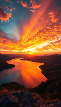 Panoramic landscape with sunset over lake, sky ablaze with oranges and pinks, Warmth of Sunset, Colorful Sky