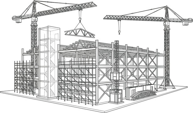Construction Site Building Framework Outline Vector with Tower Cranes and Structural Steel Design