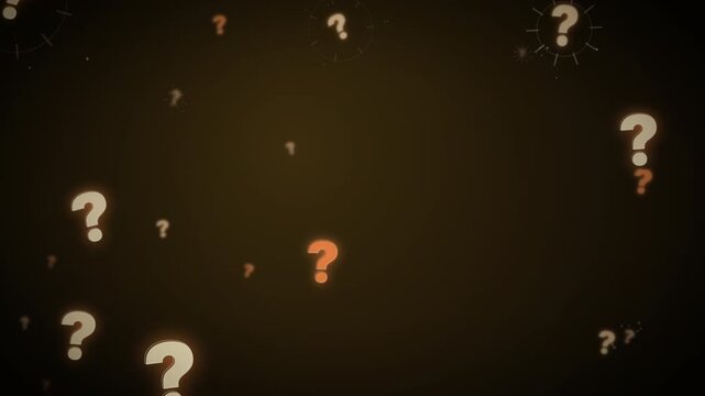Glowing question marks of varying sizes float gently across a warm dark backdrop, symbolizing curiosity and mystery, perfect for quiz, FAQ, and educational marketing videos