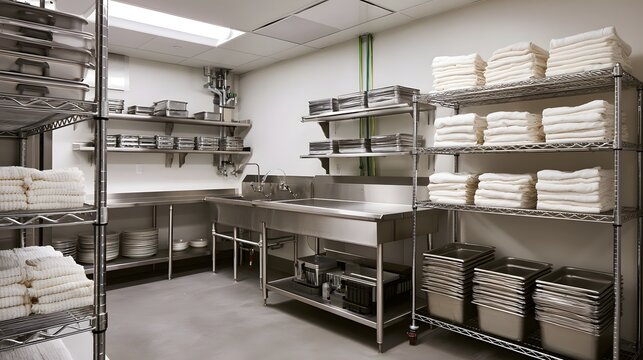 Clean commercial kitchen with stainless steel sinks  shelves holding folded towels and stacked trays  and bright overhead lighting