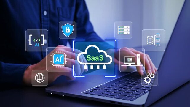 SaaS Software as a Service Concept with Cloud Computing, Business Technology and Digital Networking, SaaS icons for software services on cloud system. Internet and networking technology.