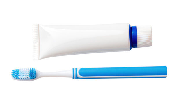 White tube of toothpaste with blue band and blue white toothbrush brush isolated on transparent background PNG cutout