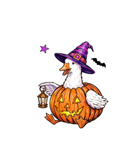 Halloween goose wearing witch hat and pumpkin costume, spooky bird with lantern and bat, whimsical autumn holiday illustration on white background