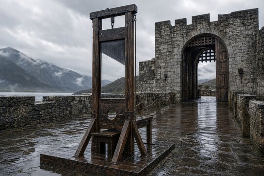 Wooden execution chair and fortress wall