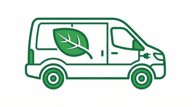 Green Electric Delivery Van Vector Icon with Leaf Emblem and Power Plug Charging Cable Isolated on White Background